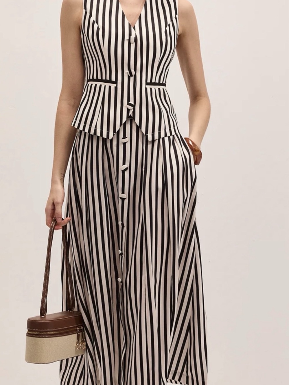 Commense Striped Sleeveless Vest & Maxi Skirt Set Black & White M - Picture 2 of 10